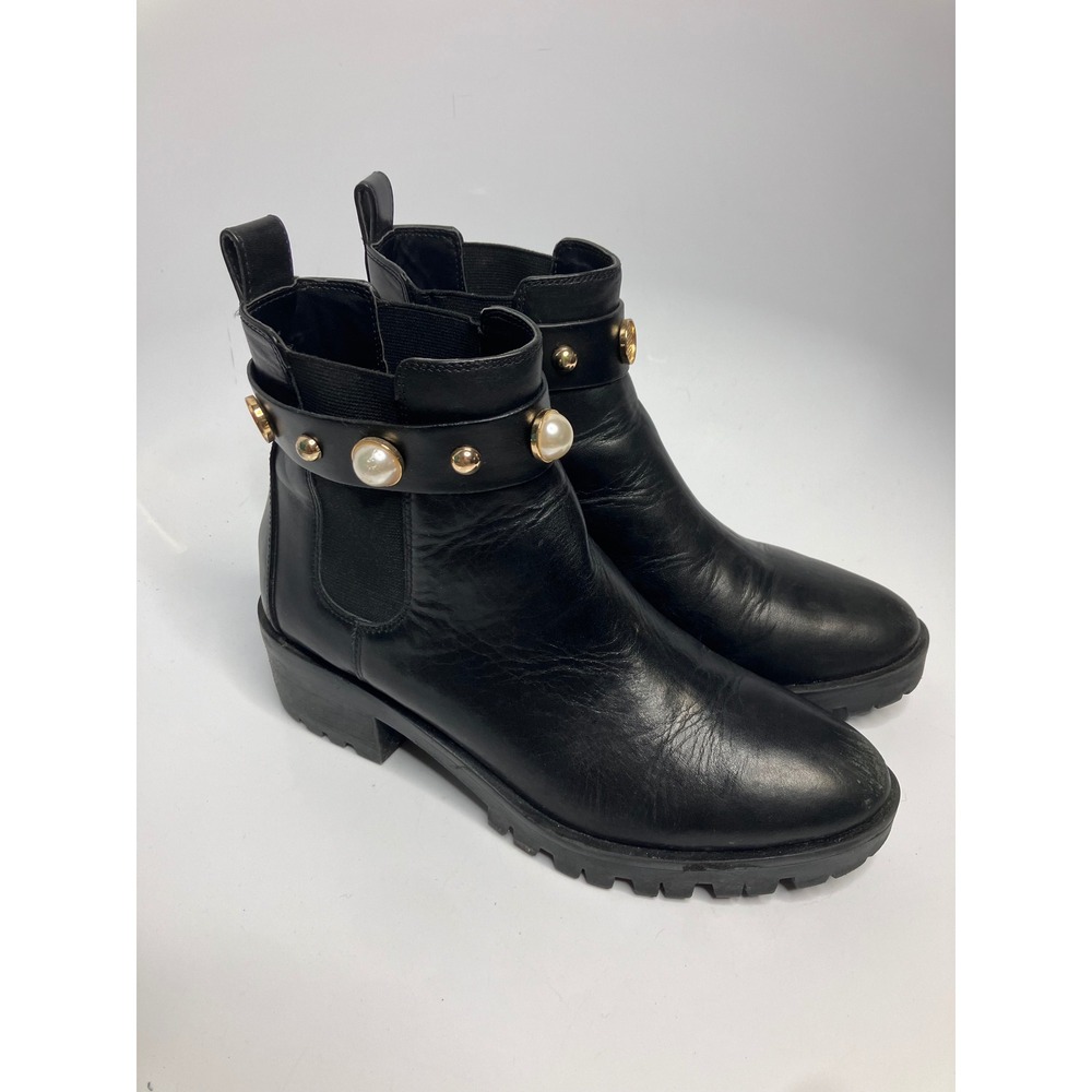 Karl Lagerfeld Pola Chelsea Boots Womens 8M Black Good Pearl Studded Lug Sole